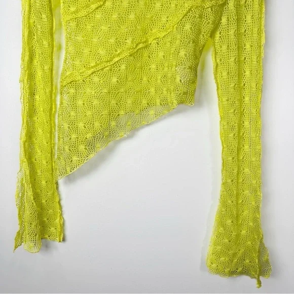 KIM SHUI Exclusive Asymmetrical Sheer Crochet Turtleneck Top Neon Yellow Size S - Picture 5 of 12